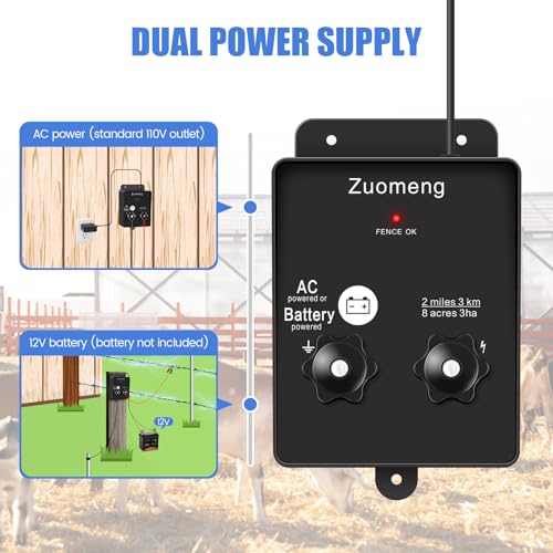 Electric Fence Energizer, Zuomeng 2-Mile 8 Acres Electric Fence Charger Powered by Battery or Power Adapter, 0.1 Joules, for Livestock, Pets, Garden & Wildlife Control