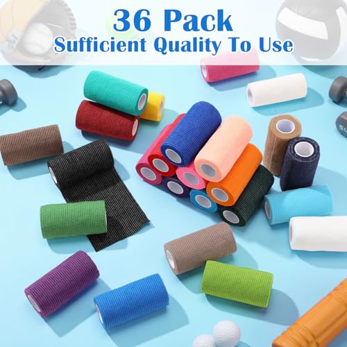 Treela 36 Pcs Self Adherent Bandage 4" X 5 Yard Wrap Breathable | Cohesive Bandage Elastic Adhesive Tape for Stretch Athletic Sports Wrist Ankle - color: Various Colors, size: 4" X 5 Yard