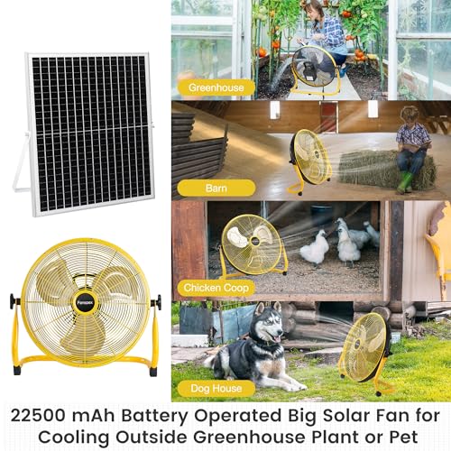 Fanspex 18" Solar Rechargeable Floor Fan for Outdoor Gazebo Greenhouse Barn | 83 Wh Battery Operated Fan, 360° Tilt with 35W Solar Panel Powered for Patio Camping Cooling or Air Circulation - size: 18"