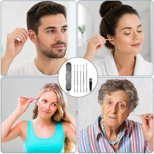 Hion 8 Pcs Ear Wax Removal Kit,Professional Double-Headed Ear Pick Earwax Removal Tools,316L Stainless Steel Ear Cleaner Curette with Cleaning Brush and Storage Box,Suit for Kid Adult(Silver) - color: Silver