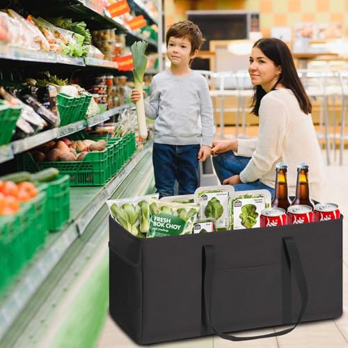 LHZK Standing Extra Large Utility Tote Bag with Metal Wire Frame and the Sides Rinforced, Extra Large Tote Bag with Handle, Reusable Grocery Bags Foldable, Beach Bag, Car Tote (Black) | Metal Wire Frame - color: Black, size: 22.5''x10.5''x12''-1 Pack