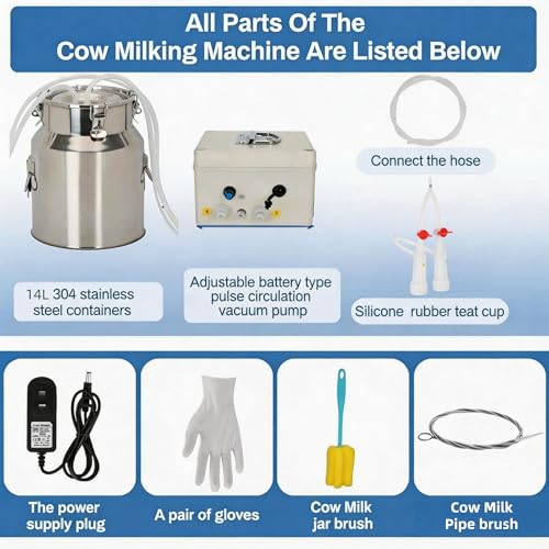 14L Goat Milking Machine, Rechargeable Battery Adjustable Pulse Vacuum Electric Goat Milking Machine,Portable Milking Machine,Individual Pulsation Adjustment, Udder Protection - size: 14L Goat