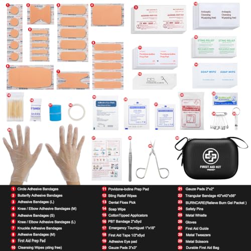 Mini First Aid Kit - 150 Piece Small Waterproof Hard Shell Medical Kit | Compact First Aid Kit with Comprehensive Supplies for Home, Car, Truck, Travel, Camping, Hiking, Sports, Office & Outdoor - color: Black