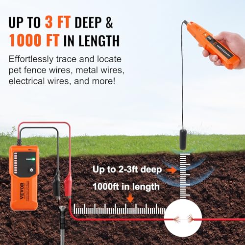 VEVOR Underground Cable Locator, 3 FT Max. Detection Depth, Wire Tracer Break Detector Finder with Earphone, 1000 FT Max.Detection Length Cable Tester for Pet Fence Buried Sprinkler Valve Irrigation
