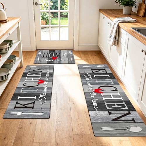 Kitchen Rugs Set 3 Piece, Non Slip Kitchen Mats for Floor, Soft Fabric with Rubber Backing, Farmhouse Anti Fatigue Runners Carpet for Home Kitchen Laundry Room Hallway (Rustic Grey & Black) - color: Rustic Grey & Black