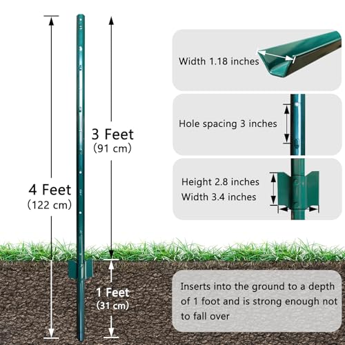 4ft Fence Posts, Pack of 10 - Sturdy Metal U-Posts & Step-in Stakes | No Digging Poles for Garden Wire Fencing and Yard Signs (Fits 3-ft Fence Mesh) - size: 4 Feet