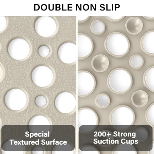 Square Shower Mat Non Slip, 27" x 27" Large Shower Mats for Inside Shower, Soft TPE Shower Floor Mat with Suction Cups and Big Drain Holes, Anti Slip Shower Stall Matt, Khaki - color: Khaki