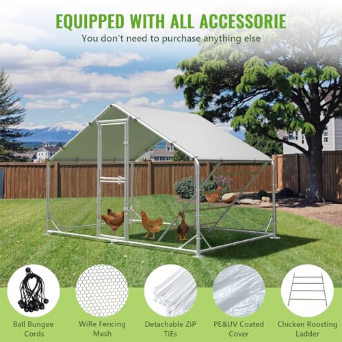 Large Metal Chicken Coop Runs for Yard with Cover, 10x6.5x6.5 | Perch Bars, Split Doors, Waterproof Covers, Mesh Wire - size: 118.1"L x 78.7"W x 78.7"H