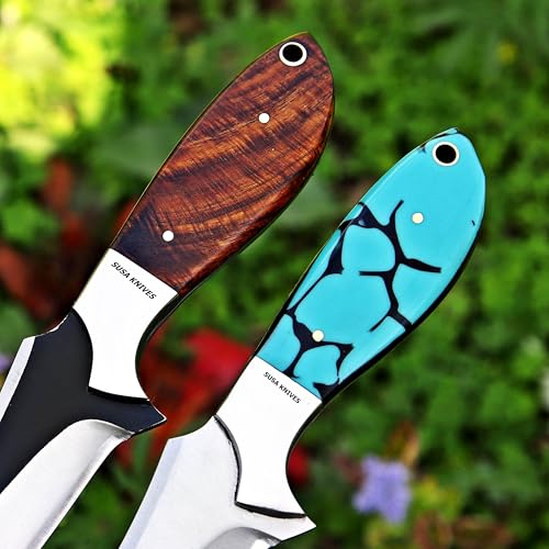 Custom Handmade 7'' fixed blade hoof rasp knife Cow boy knife Turquoise Handle Damascus steel Bull cutter, cowboy knives with pancake leather sheath (WOOD) - color: WOOD