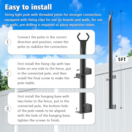 LETIANPAI 6 Pack String Light Poles,5 Ft Metal Poles with Fence Bracket for Outdoor String Lights,Outdoor Light Poles with Fork,Poles/Post/Stand for Outside - size: 6 Pack 5FT