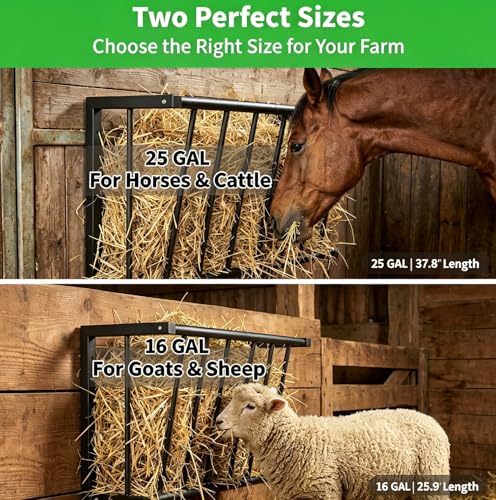 Wall Mount Hay Rack for Goats, Sheep, Horses – Heavy Duty 16 Gallon Livestock Hay Feeder, Hanging Blanket Holder with Rust Resistant Coating, Space Saving Farm Goat Feeder for Indoor, Outdoor Use - size: 16 Gallon