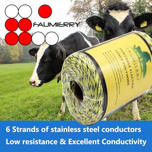 656 Feet 200 Meter Yellow/Black Electric Fence Polywire, 6 Stainless Steel Conductors, Easy to Install Electric Fencing - 1 Roll - size: 655ft