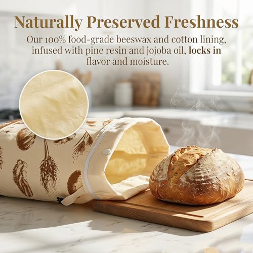 Beeswax Bread Bags for Sourdough Homemade Bread with Removable Lining | 2 Pack, 13x17", Cotton Linen, Natural, Easy Clean, Stay Fresh, Reusable, Home Baking, Holiday Gift, Farmhouse Style