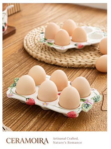 6-Cup Handmade Deviled Egg Platter | 6-Cup Handmade Deviled Egg Platter, Embossed Strawberries & Winding Vines, Country Farmhouse Aesthetic for Kitchen Decor