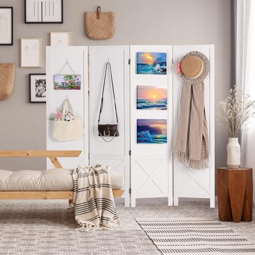 Wnutrees 4 Panel Pegboard Display,5 Ft Folding Privacy Screen Room Divider | Wood Portable Freestanding Board Organizer, Partition for Craft/Art Shows, Retail, Events, Wall Display, White - color: White