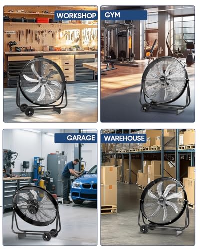 KEN BROWN 24 Inch Industrial Shop Fan, TurboSweep 8 Blades High Velocity Drum Fan, 9500 CFM, Heavy Duty 3 Speeds, 360° Adjustable Tilt for Industrial Commercial Gym Garage - size: 24 Inch Floor Fan