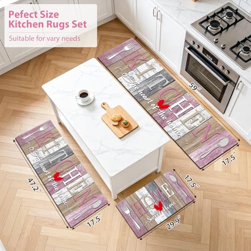 Kitchen Rugs Set 3 Piece, Non Slip Pink Kitchen Mats for Floor, Soft Fabric with Rubber Backing, Farmhouse Anti Fatigue Runners Carpet for Home Kitchen Laundry Room Hallway (Rustic Pink & Grey) - color: Rustic Pink & Grey