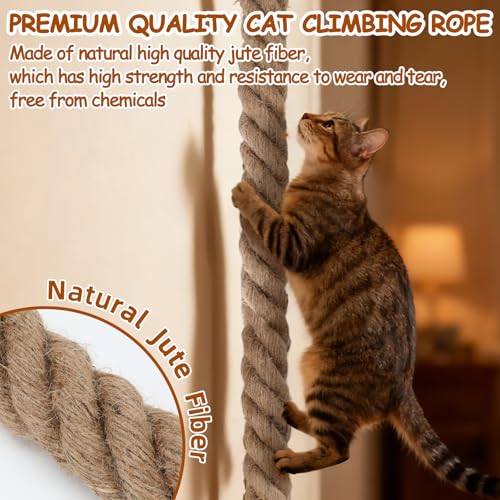 2" x 4.92Ft Cat Climbing Jute Rope with Hook for Wall Mounting | Thick Sisal Material, Ceiling Hanging Option, Heavy Duty Scratching Post Alternative, Indoor Outdoor Active Gym for Kittens - size: 59 IN(1.5M)
