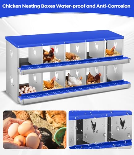 10 Compartment Chicken Nesting Box, Heavy Duty Metal Laying Box with Perch, Easy Assembly & Easy Clean for Outdoor Chicken Coop, Blue - color: Blue, size: 10 Compartment