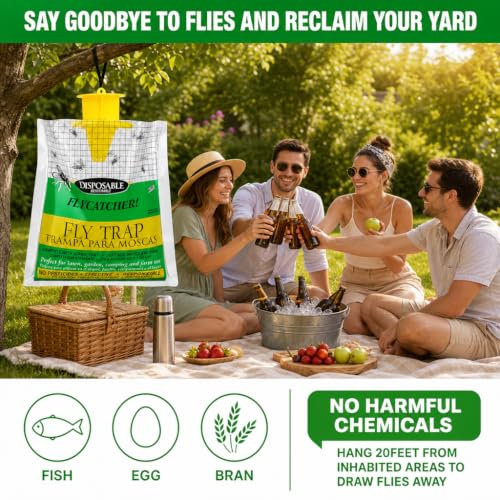 Outdoor Fly Traps 4 Pack,Hanging Fly Catcher Bags,Disposable Flies Killer for Outside Trash Areas,Horse,Ranch,Barns,Stables,Yard,Patio,Poultry Farm & Heavy Fly Control.