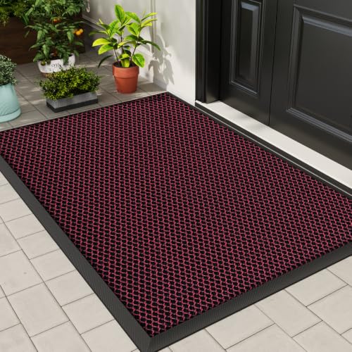 Front Door Mat Outside Entrance Entry Welcome Doormat 32"x48" Red Large | Heavy-Duty Dirt Trapper Non Slip Rubber Entrance Doormats for Entryway Porch Garage 3D Mesh Stain Resist All Season & Weather - color: Red, size: 32"x48"