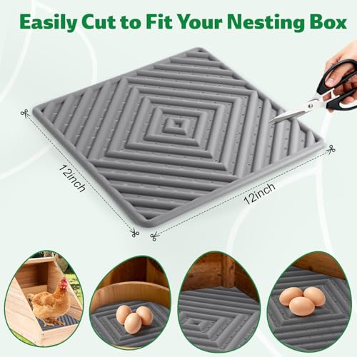 Chicken Nesting Pads for Chicken Coop, Washable Laying Pads for Nesting Box, Reusable Hen Nesting Box Pads for Coop Bedding, Soft Silicone Material, Easy to Clean, 12" x 12", Grey, 3 Pack