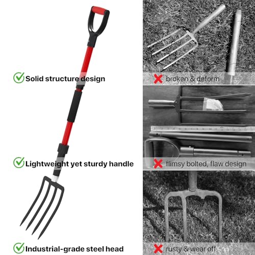 COSITA Pitch Fork for Garden, 44-Inches Pitchfork with Fiberglass Handle, Gardening Spading Fork with 4 Metal Tines, Heavy Duty Pitchfork for Manure, Mulch, Digging, Aeration, Red