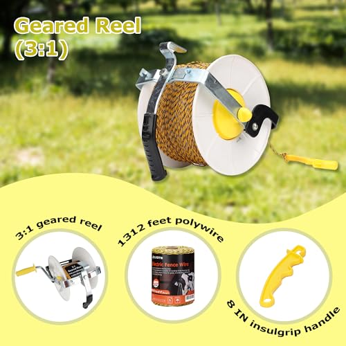 3:1 Geared Electric Fencing Standard Reel with 1640ft Premium Polywire 6 Conductors Plus 1 Free 8 inch Insulgrip 1 Pack - size: 1640 feet x 1 standard reel x 1 Handle