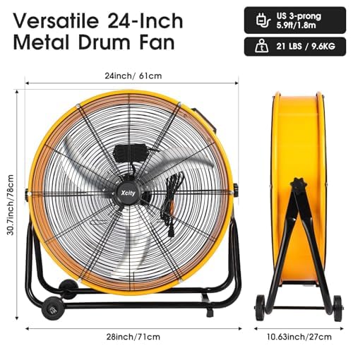 Xcity 24 Inch Heavy Duty Drum Fan, High Velocity 8700 CFM Industrial Air Circulator, 3-Speed & 360° Adjustable Tilt, Powerful Cooling for Warehouse, Commercial, Factory, Garage & Workshop - size: Drum Fan 24" Metal