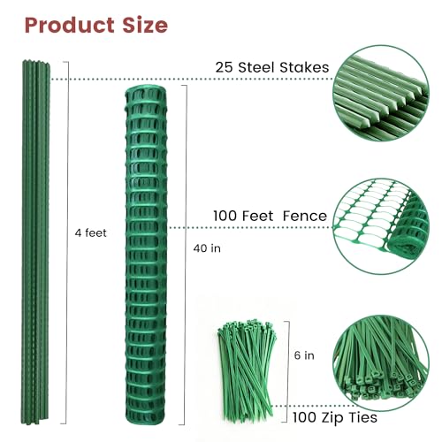 Temporary Plastic Fence 40" x 100' with Posts, Movable Snow Barrier Fencing | Cut-to-Fit Plastic Mesh Roll with 25 Steel Stakes, Weather-Resistant, For Garden, Yard, Pool, Lawn, Deer Control, Dog Safety
