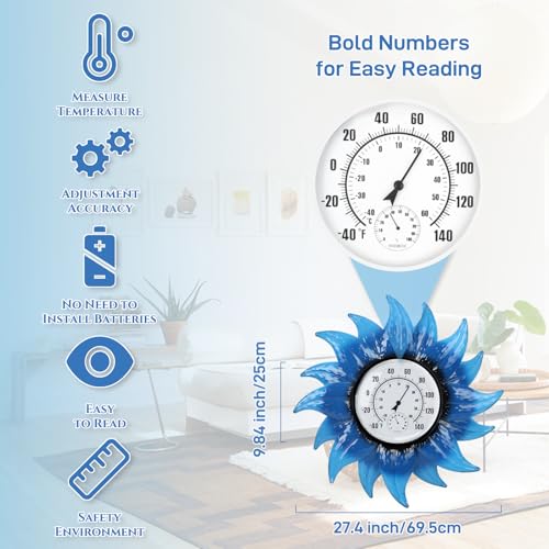 Outdoor Thermometer, Large Thermometer Outdoor Waterproof, Flowers Decorative Outdoor Thermometers for Patio, Outside Thermometer with Humidity - color: Blue