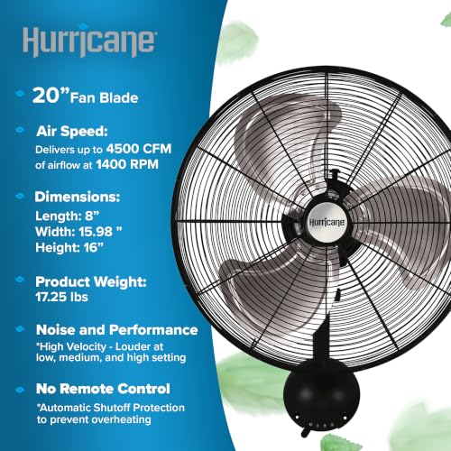 Hurricane Pro High Velocity Oscillating Wall Fan, 3 Speeds, Black, 20in | Metal - Wall Mount Corded Electric Air Cooling Unit w/ Powerful 4500 CFM Airflow for Home, Garage, Gym, Workshop & Greenhouse - style: 20" Pro Series