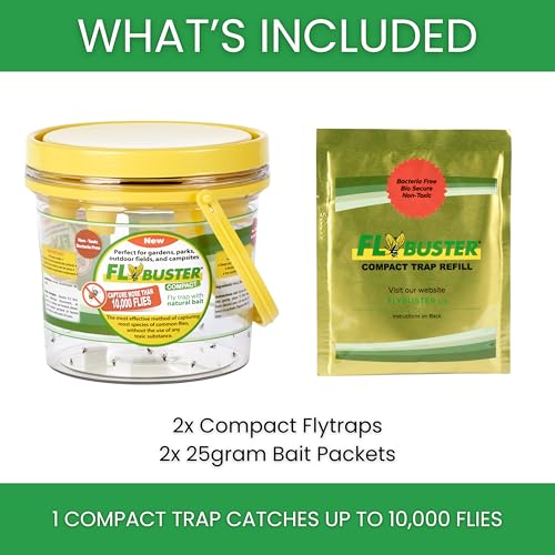 Flybuster Fly Trap | Outdoor Device for Catching Flies | 1-Liter Compact Size (2-Pack) | Comes with Two Flytraps and 2 Bait Packets | 10,000 Fly Capacity | Non-Toxic | Child & Pet Safe