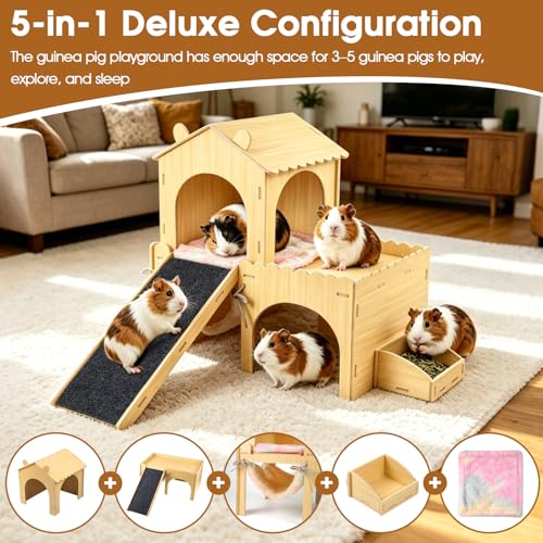 Large Wooden Guinea Pig Hideout, Deluxe 2-Tier Castle with Detachable Snack Feeder, Hammock, Ramp & Accessories - Movable Habitat, Easy Assembly & Clean, Comfort for Rabbits, Hamsters, Guinea Pigs