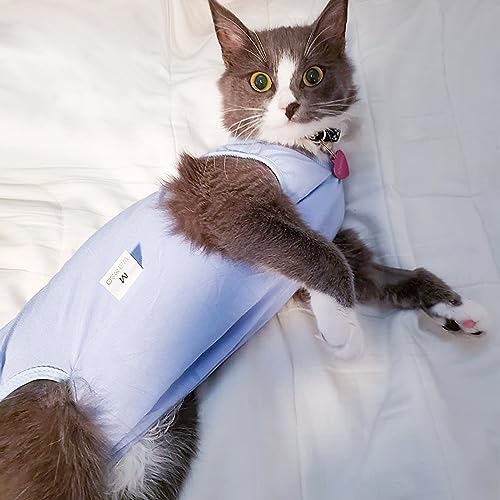 Cat Recovery Suit for Male and Female Surgical Post Surgery Soft Cone Onesie Shirt Clothes Neuter Licking Protective Diapers Outfit Cover Kitten Spay Collar(L, Blue) - color: Blue, size: Large