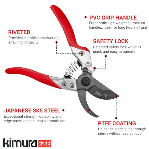 Kimura® 8" Pro Bypass Pruning Shears, Heavy Duty Japanese SK5 Steel Blades, 1 inch Cut Capacity, Non-Slip PVC Coated Handles, Lightweight & Ergonomic, Japanese Pruners, Professional Garden Clippers - size: 8"