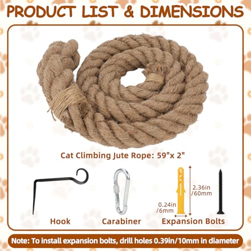 2" x 4.92Ft Cat Climbing Jute Rope with Hook for Wall Mounting | Thick Sisal Material, Ceiling Hanging Option, Heavy Duty Scratching Post Alternative, Indoor Outdoor Active Gym for Kittens - size: 59 IN(1.5M)