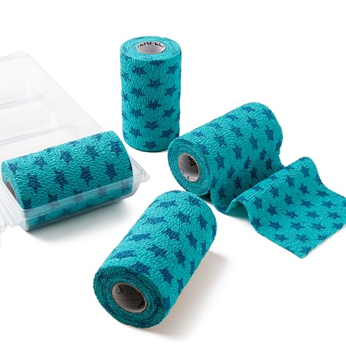 PowerFlex Equine – Extra Strong Self-Adhering Bandage Wrap – Wound Care, Compression & Support Bandage for Horses, Cows & Dogs – Stars, 4 inch, 4 Rolls (Resealable Case) - color: Stars
