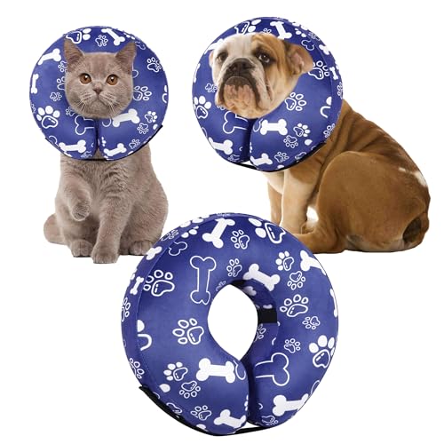 Recovery Donut Collar for Dogs & Cat,Inflatable Dog Cone Collar Alternative After Surgery,Soft Cone for Large Medium Small Dog,Adjustable Pet Neck Donut(Darkblue Bone,Small - color: Darkblue, size: S（neck 4"-7"）