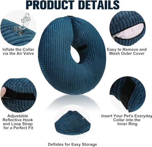 BINGPET Inflatable Dog Cone Collar,Dog Neck Donut Alternative After Surgery | Soft Cone for Large Medium Small Dogs Cats, Recovery E Collar to Stop Licking Pets from Injury, Lightweight Breathable Cotton - color: Navy Blue, size: NEW M(Neck: 13"-15" | Dia