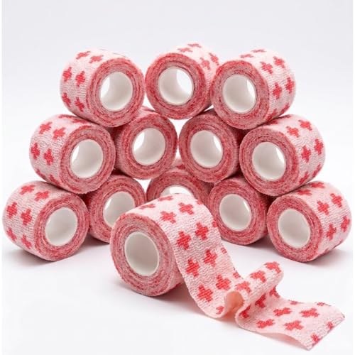 12 Pack Self Adhesive Bandage Wrap,Vet Wraps,2" X 5 Yards Elastic Cohesive Bandage Wraps,Beige Red - color: Beige Red, size: 2IN - 12Pack