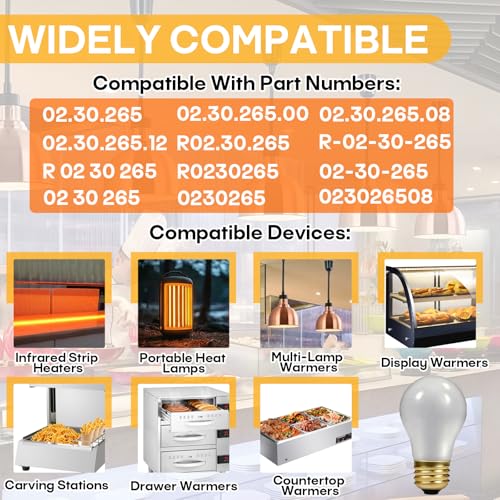 12-Pack 40W Heat Lamp Bulb, Shatterproof, Compatible With Hatco 02.30.265 | 120V/130V Power, Steady Heat Output, Even Coverage, for Buffet Food Warming or Heat Lamp Fixture