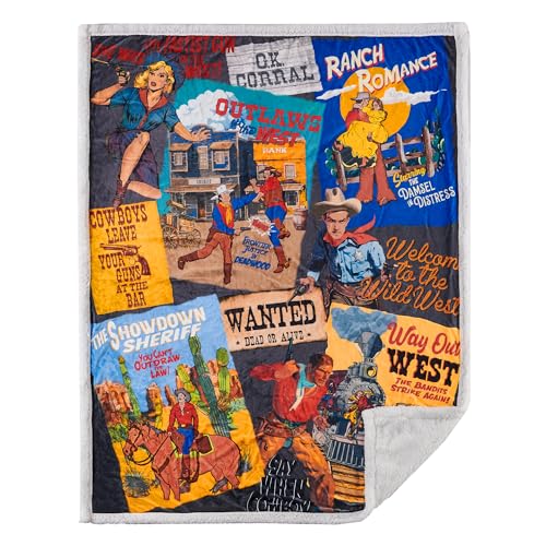 Paseo Road Indigo Hill by HiEnd Accents Bandits and Heroes 54x68 Blanket | Colorful Cowboy Outlaws Collage Print, Rustic Southwestern-Style Western Sherpa Fleece Blanket for the Couch, Sofa, or Bed - color: Heroes and Bandits