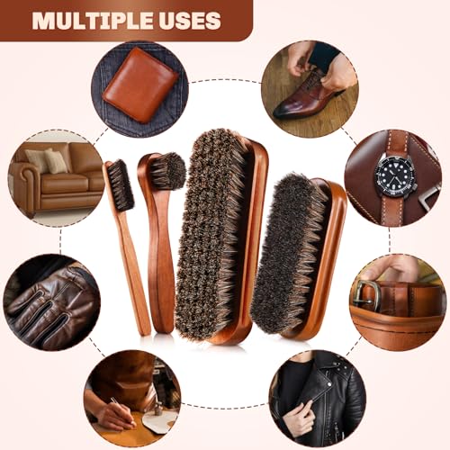 4 Pcs Horsehair Shine Shoes Brush Kit Polish Dauber Applicators Cleaning Leather Shoes Boots Care Brushes Suede Cleaner Brush with Microfiber Shoe Cloth(Brown Style A) - style: Brown Style A