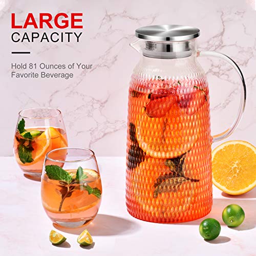 Aofmee 80oz Glass Pitcher with Lid, 2.4 Liter Water Pitcher, Glass Carafe for Cold or Hot Beverages, Sun Tea Jar, Easy Clean Heat Resistant Jug for Juice, Milk | Thickened Borosilicate Glass Iced Tea Pitcher, Drip-free Spout, Heat Resistant, Stovetop Dish