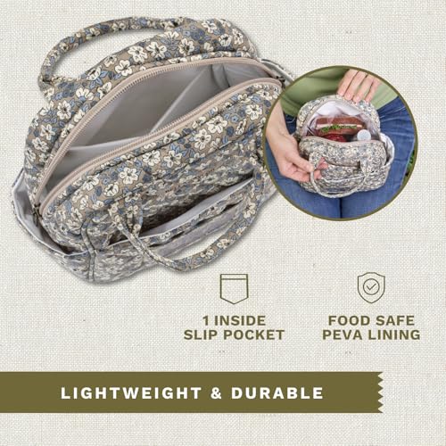 Bella Taylor Lunch Tote, Quilted Lunch Bag, Khaki Floral | Lightweight quilted cotton lunch box, easy-to-clean PEVA lining, 3 outside/1 inside pocket, durable construction - color: Khaki Floral