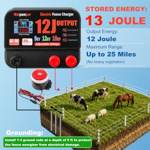 13 Joule Electric Fence Charger, 13 Joule Stored / 12 Joule Output Electric Fence Energizer, Adjustable 9KV 12KV 15KV Output Voltage, Range 25 Miles, Dual Power 12V DC / 100-240V AC, with Alarm
