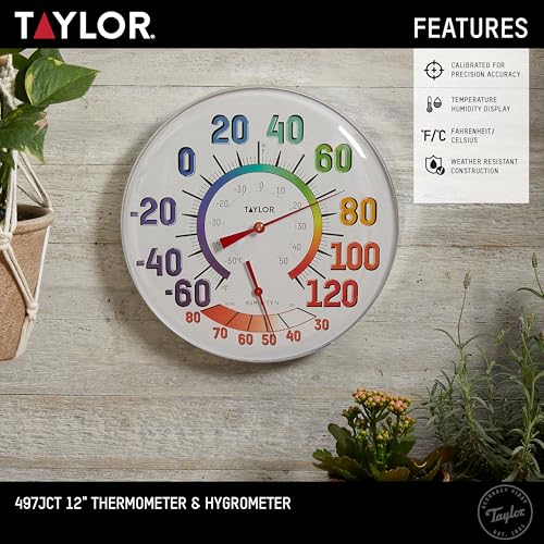Taylor Metal Wall Indoor Outdoor Thermometer and Hygrometer, Easy to Read Numbers for Patio, Pool, and Indoor Areas, 12 inch, Multi
