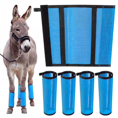 Donkey Fly Boots Set of 4, UV-Proof Breathable Mesh Leg Wraps with Built-in Nylon Support, Non-Slip Adjustable Closures, Summer Protection for Farm Donkeys, Pony, Mule(Mini,Blue,4) - color: Blue