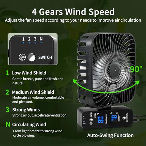 6" Grow Tent Clip Fan, Auto Temp & Humidity Control, Digital Display, 90° Oscillation, 2-Pack